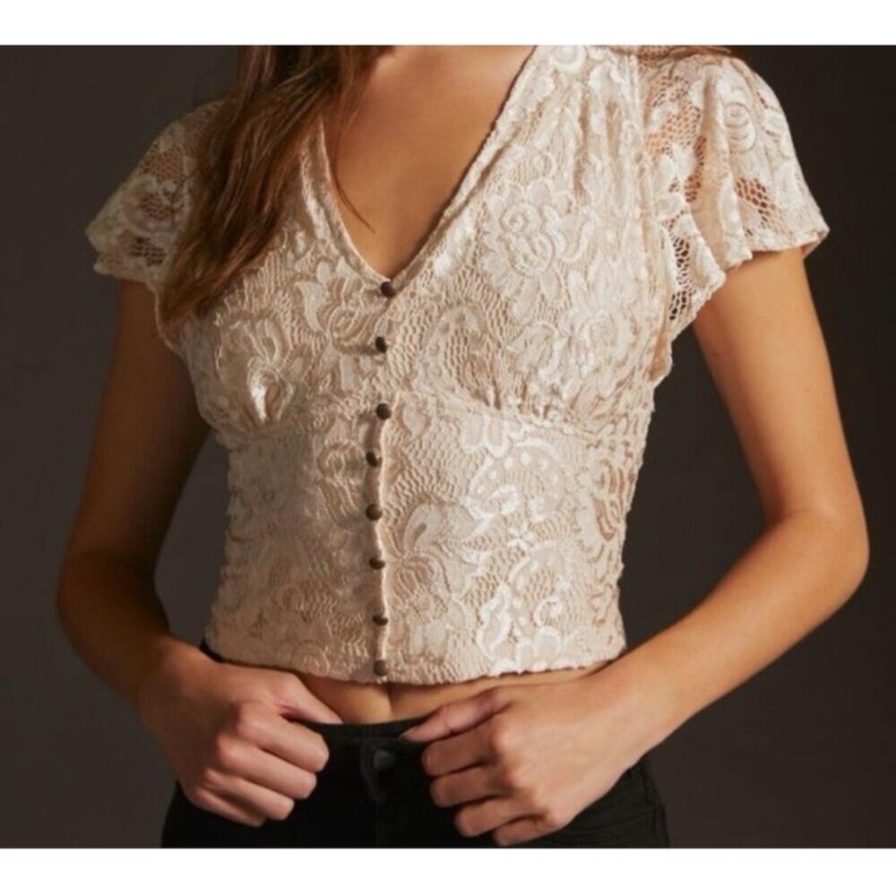 Anthropologie Lace V-Neck Button Front Women’s Top in Cream